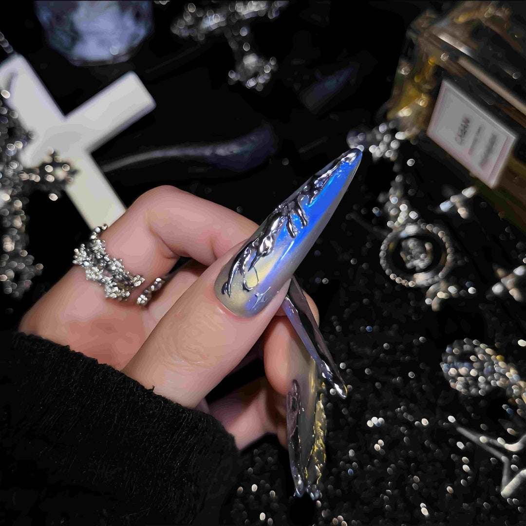 Handmade Midnight Blue Aurora Chrome Stiletto Press-On Nails