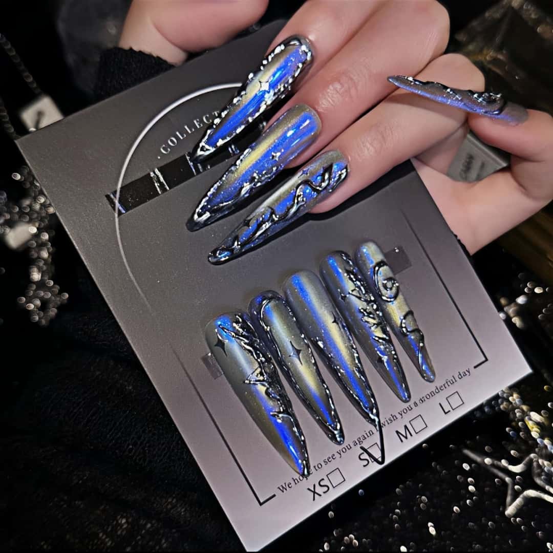 Handmade Midnight Blue Aurora Chrome Stiletto Press-On Nails