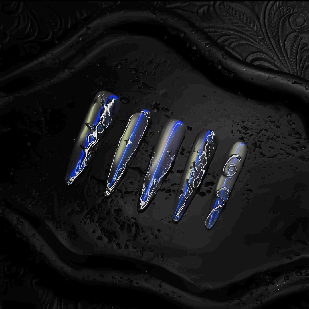 Handmade Midnight Blue Aurora Chrome Stiletto Press-On Nails