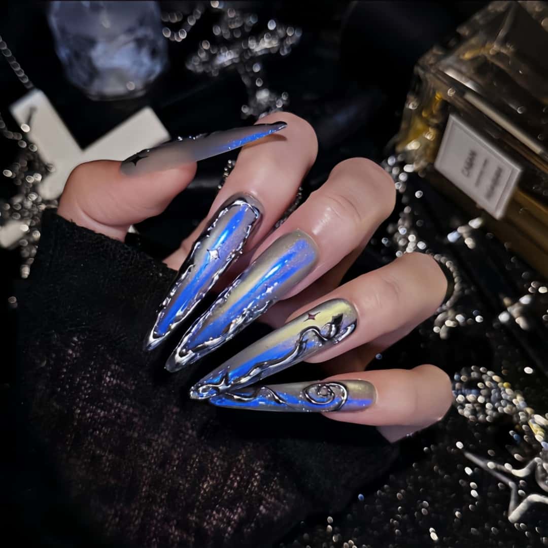 Handmade Midnight Blue Aurora Chrome Stiletto Press-On Nails
