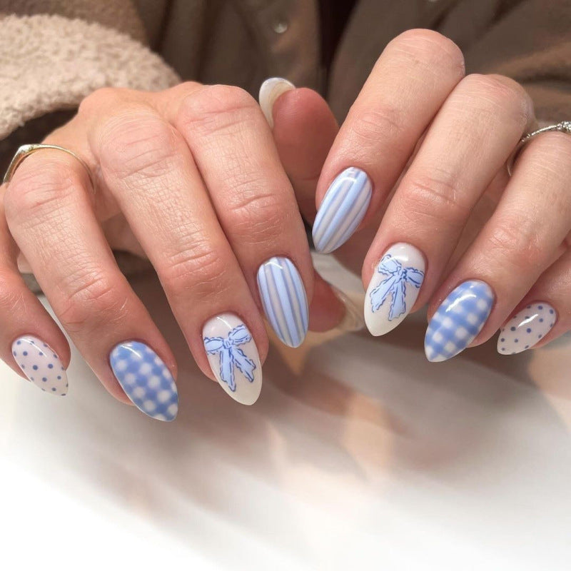 Handmade Blue Checkerboard Press-on Nails with 3D Bows