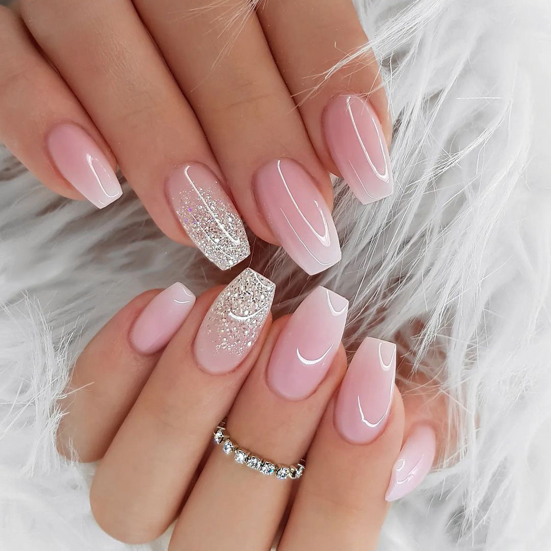 Aesthetic Pink and White Ombre Glitter Press-on Nails