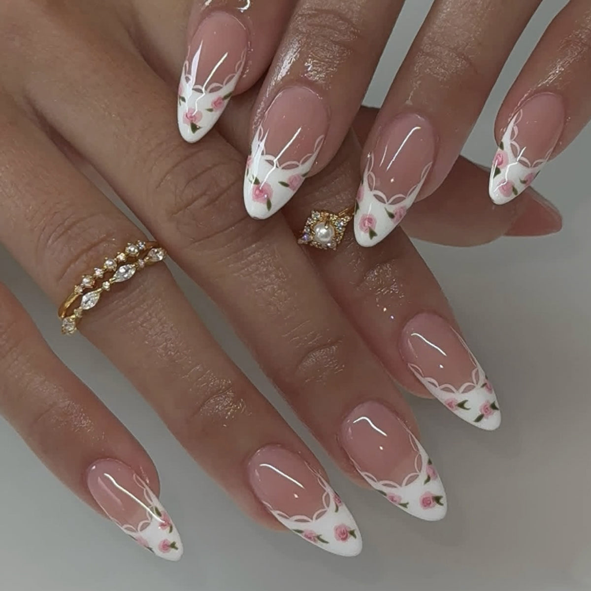 Handmade White French Tip Floral Press-on Nails