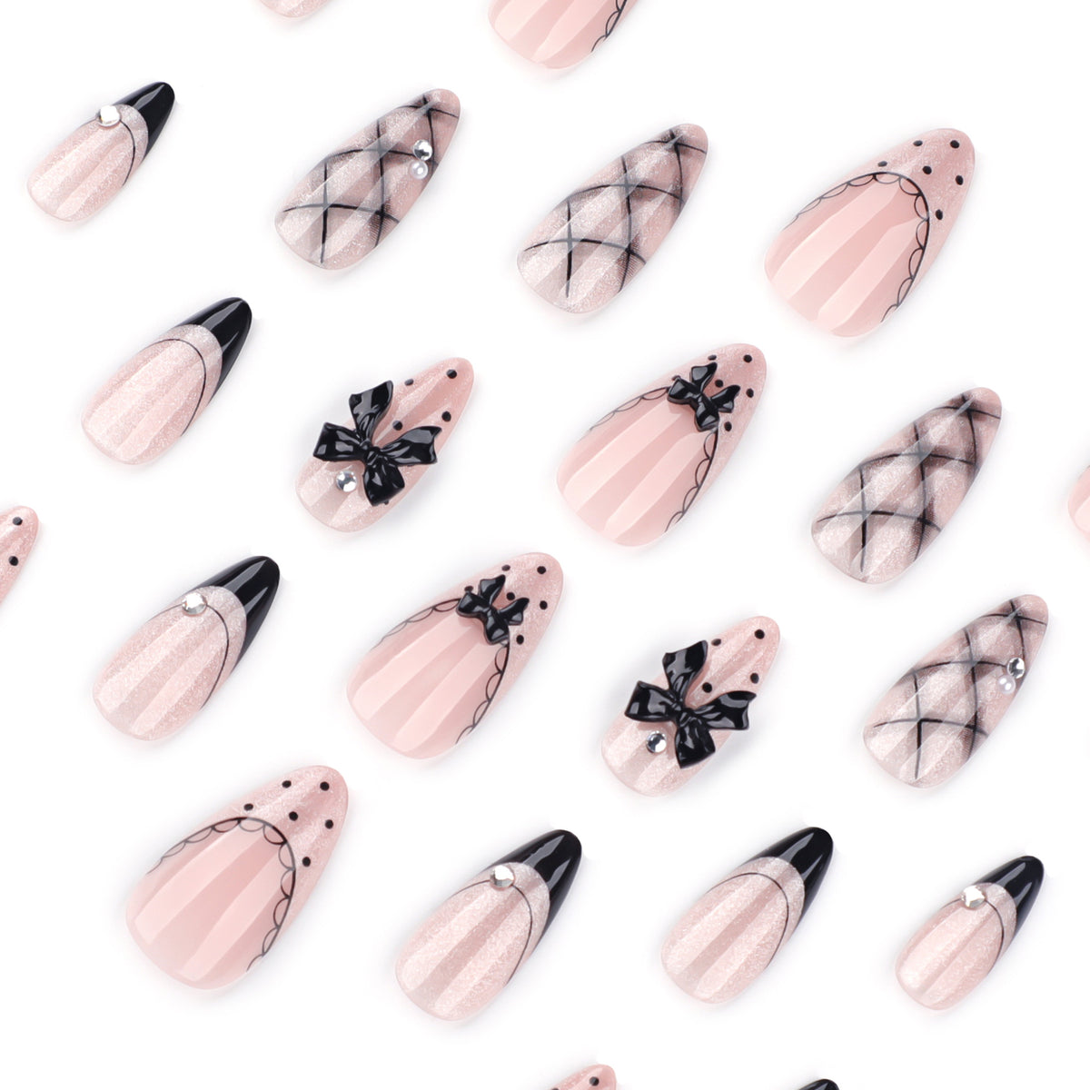 Gothic Black Bowknot Y2K Cat Eye Almond Press On Nails