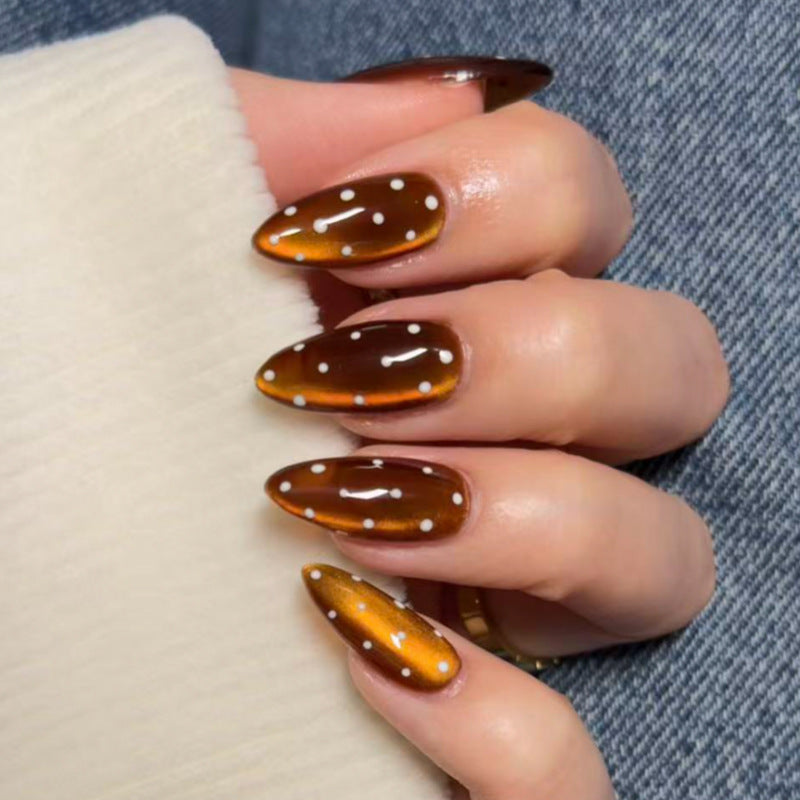 Brown Cat Eye White Polka Dot Nails