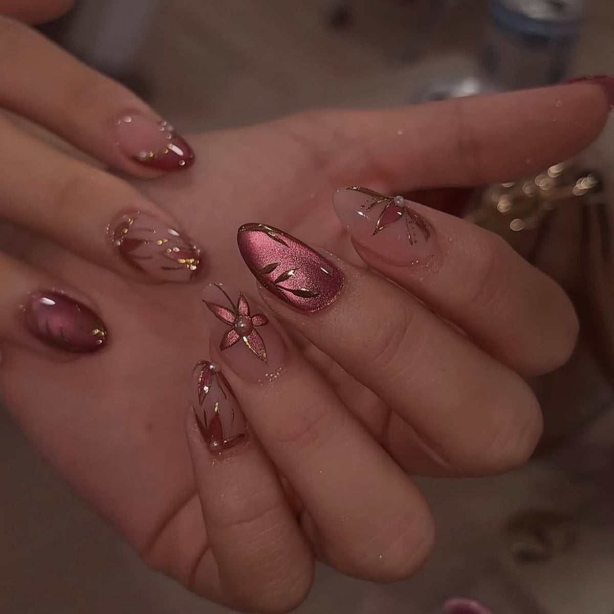 Leaf and Flower Cat Eye Nail Art
