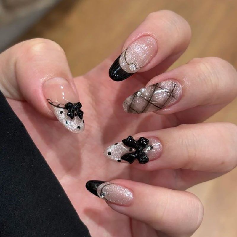 Gothic Black Bowknot Y2K Cat Eye Almond Press On Nails