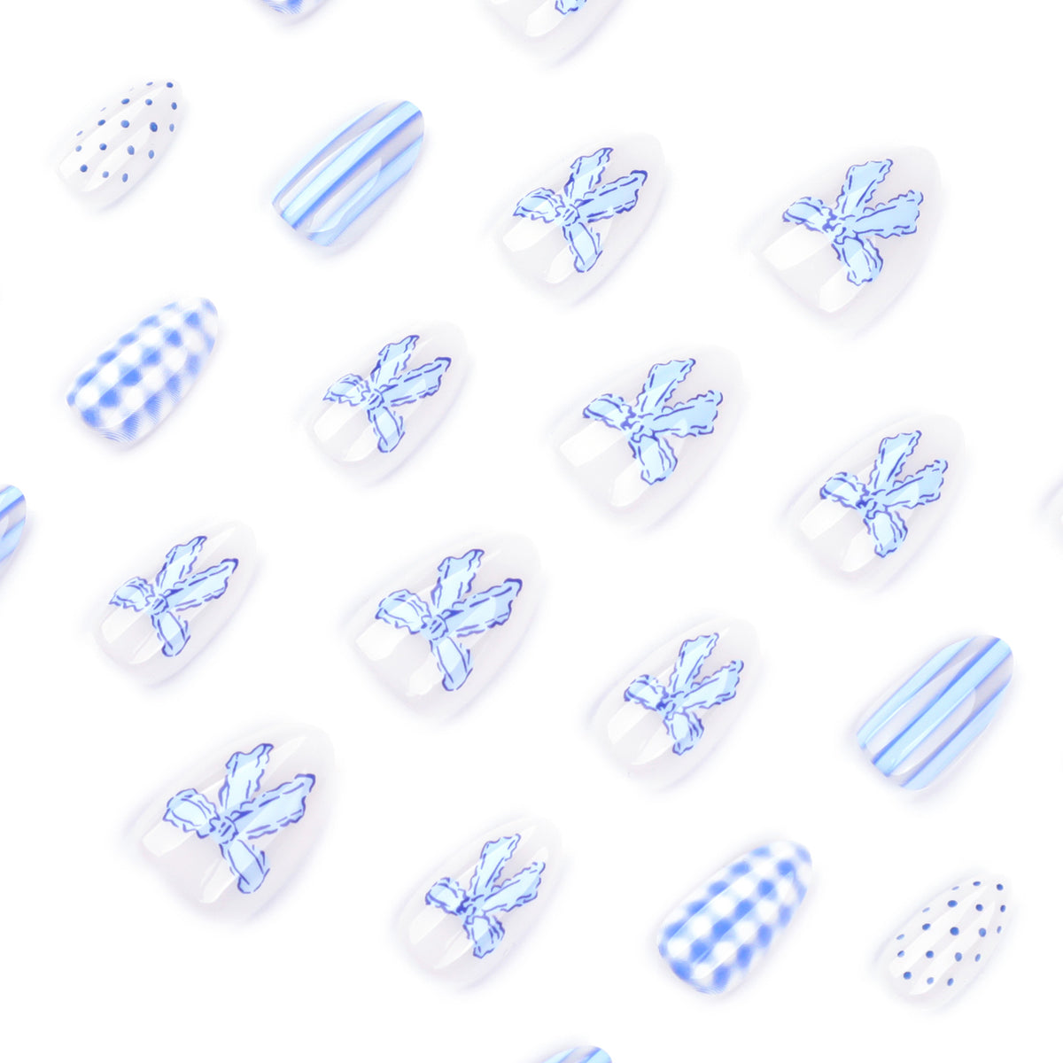 Handmade Blue Checkerboard Press-on Nails with 3D Bows