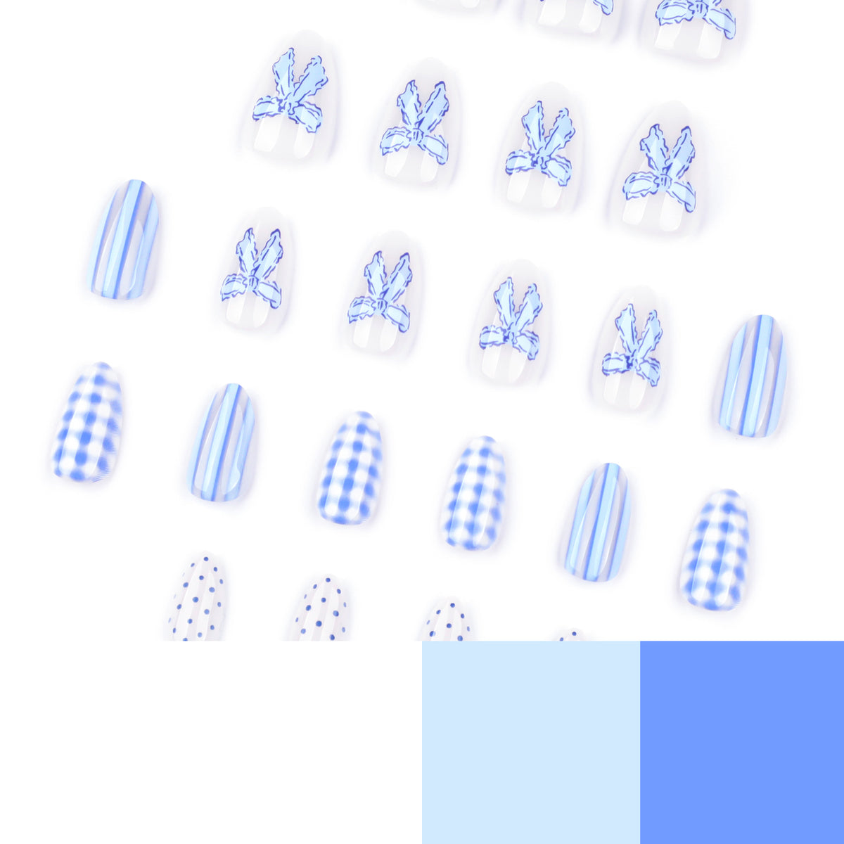 Handmade Blue Checkerboard Press-on Nails with 3D Bows