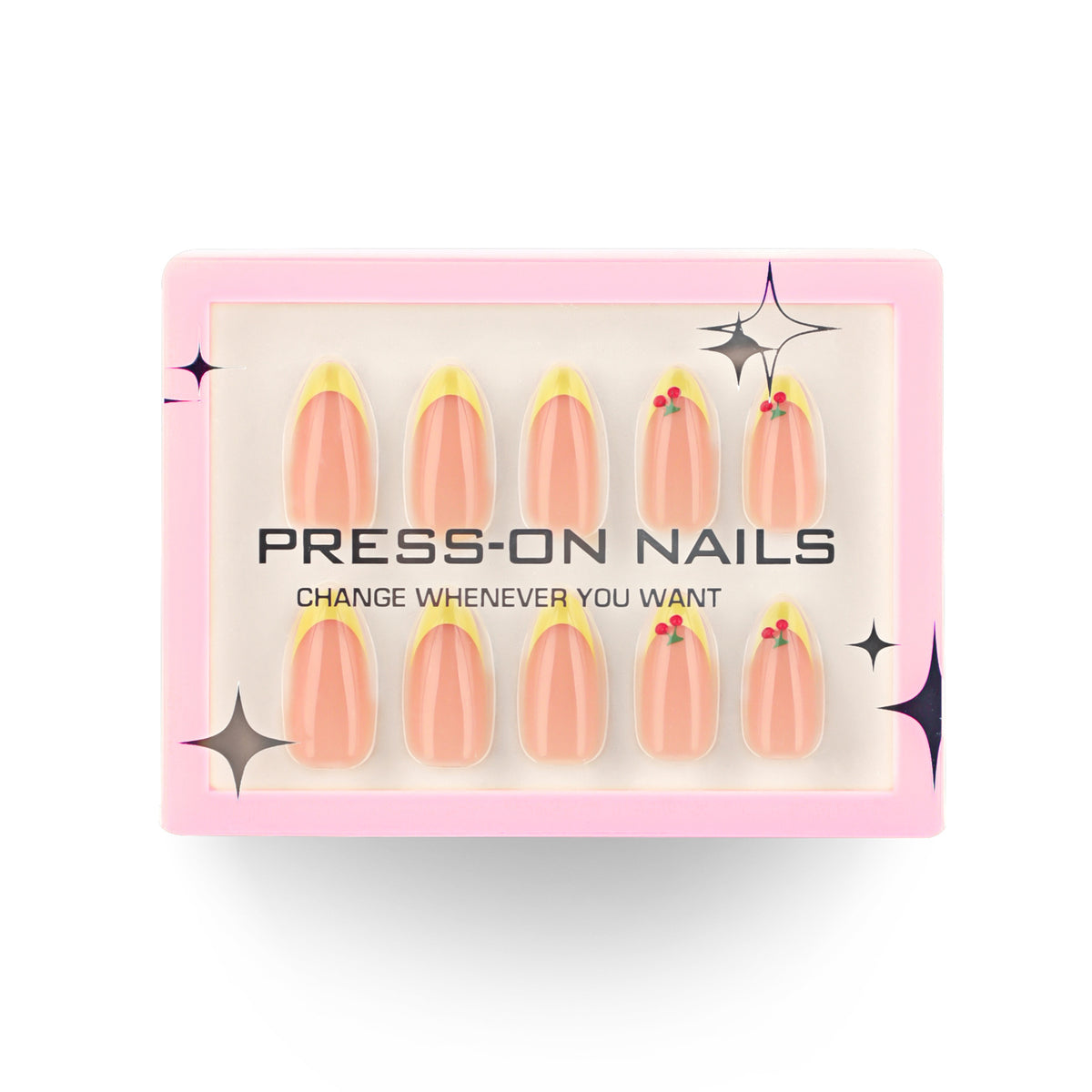 3D Cherry Yellow French Press-On Nails