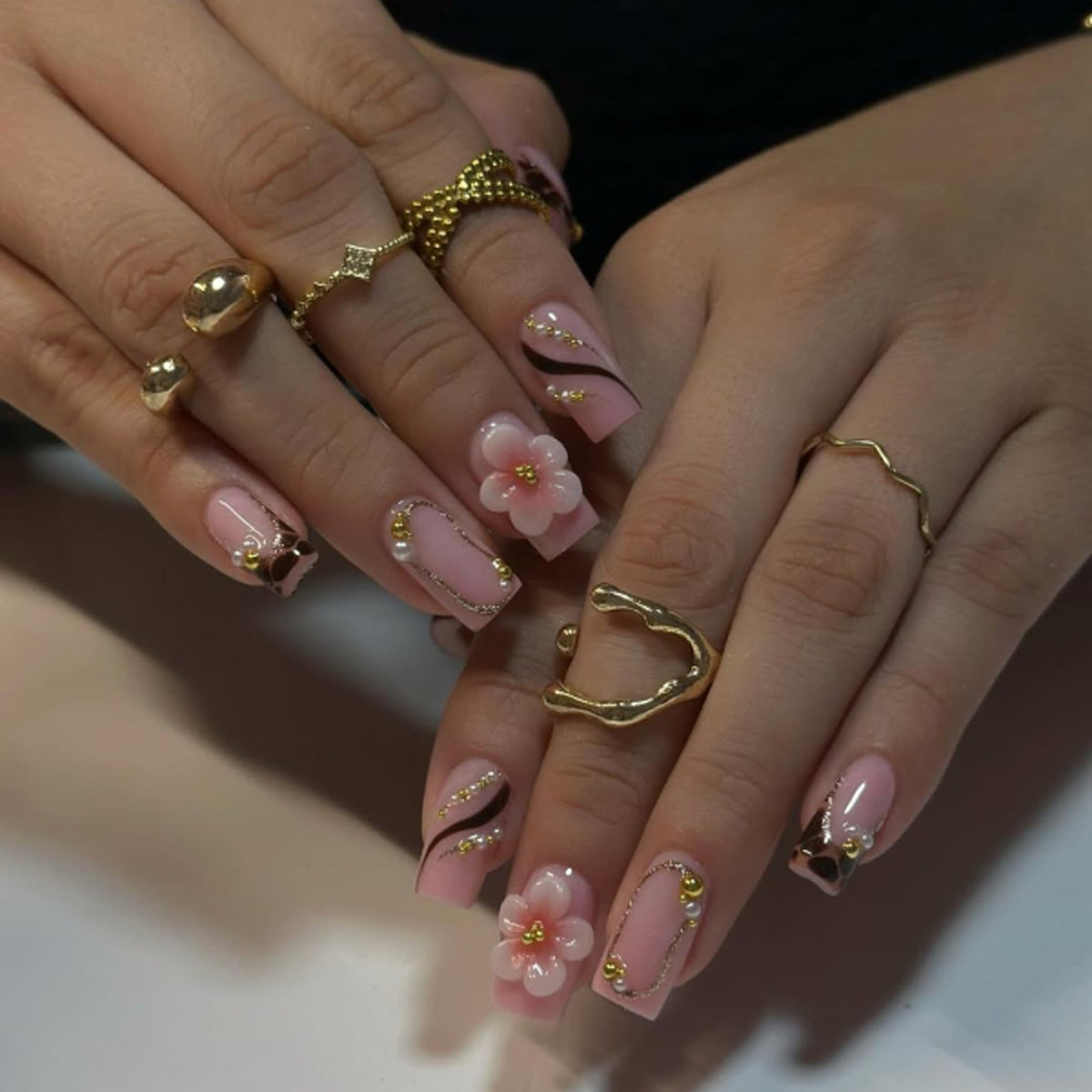 Classic French Manicure with Amber Tortoise & Webbing