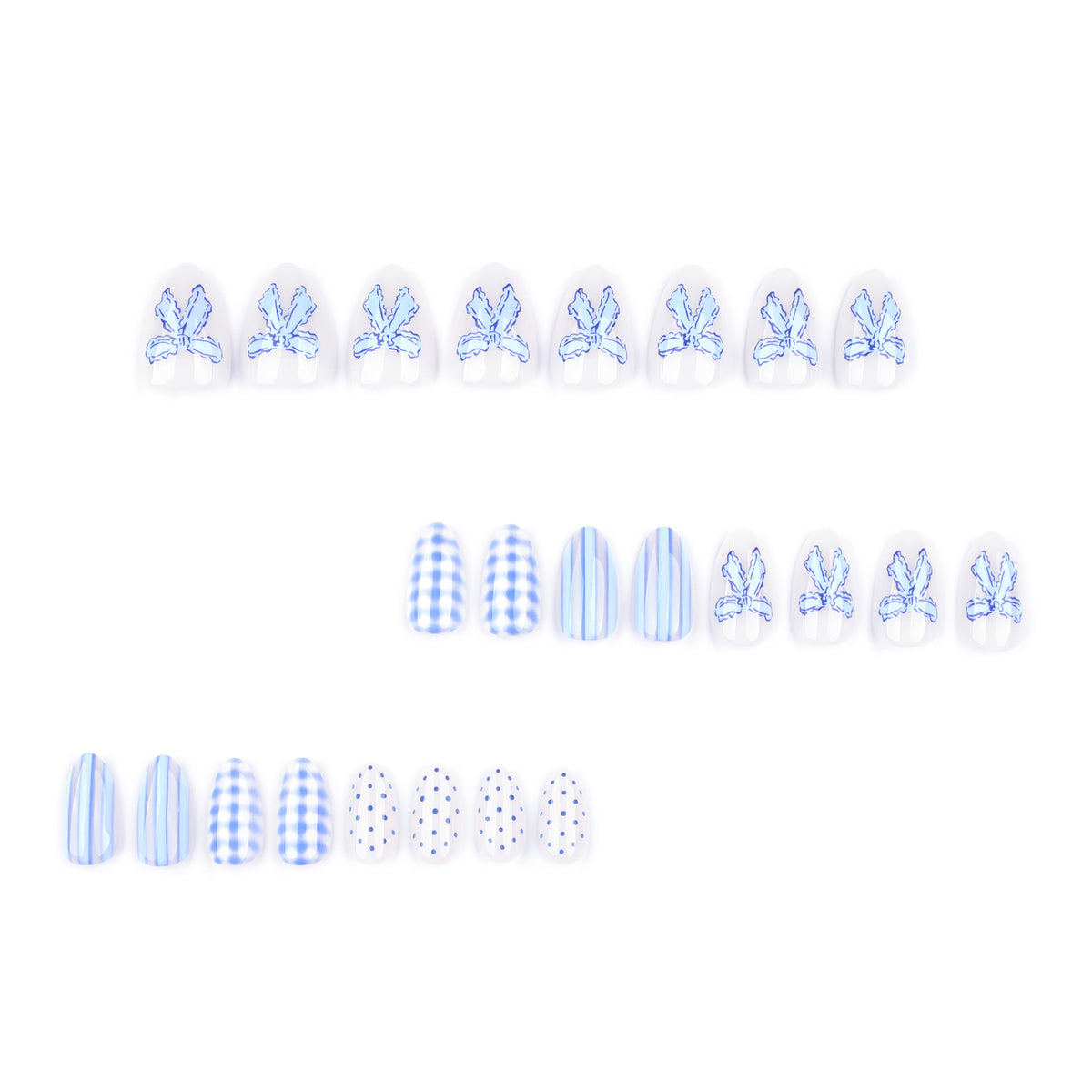 Handmade Blue Checkerboard Press-on Nails with 3D Bows