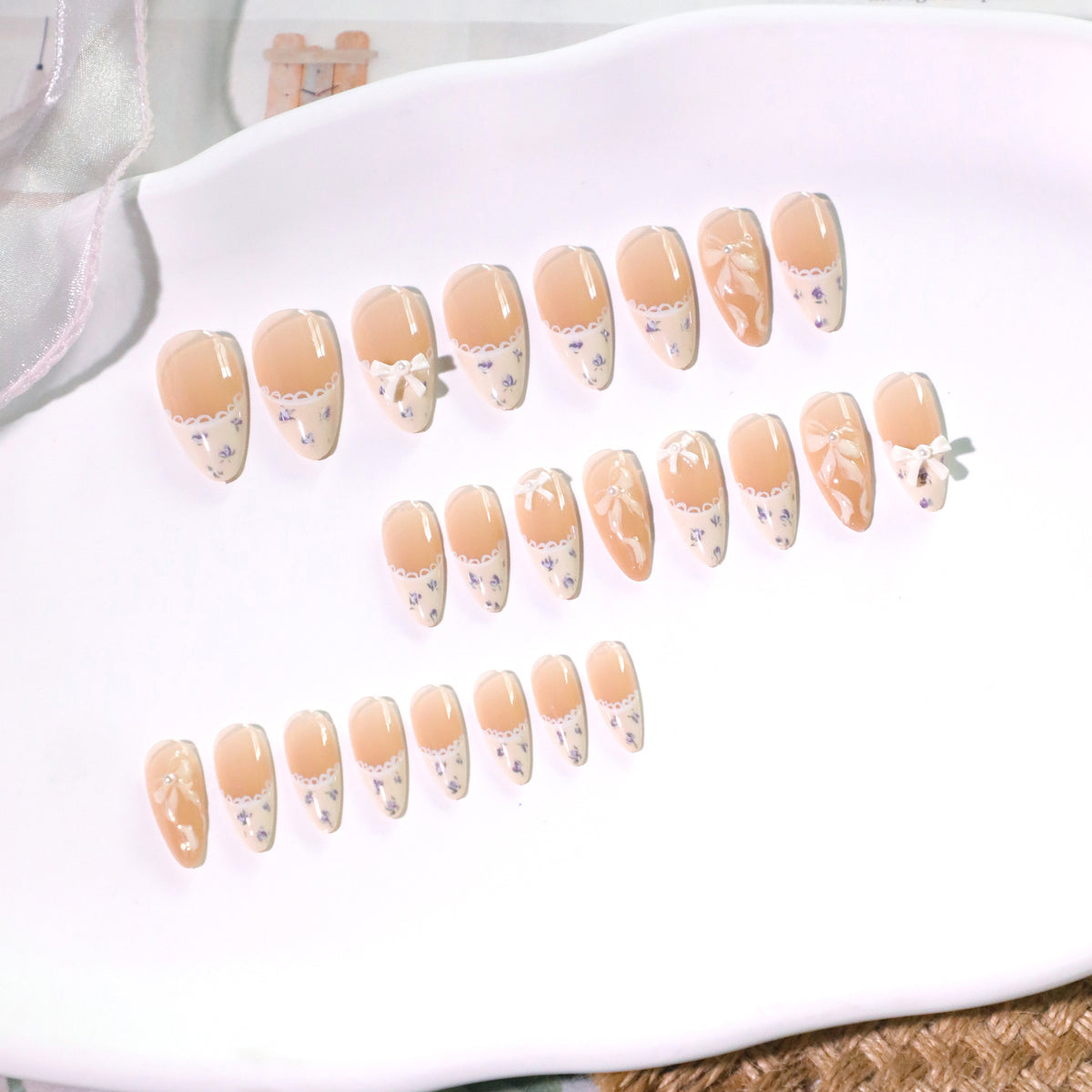 Handmade French Tip Press-on Nails with 3D Ribbon Bows