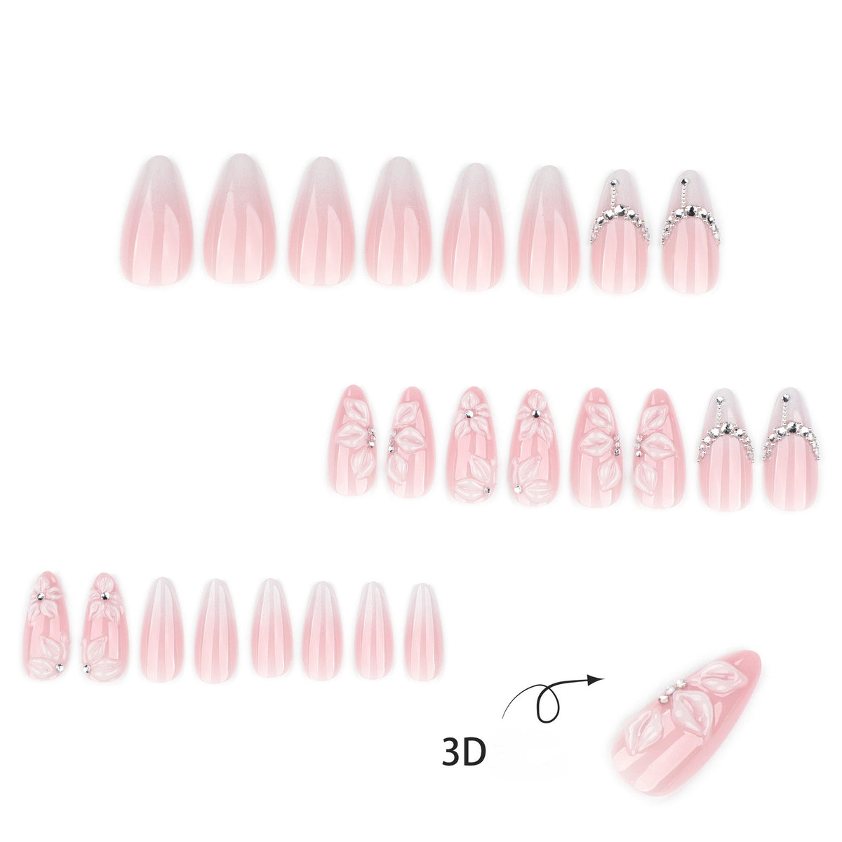 White Gradient French Nails with 3D Floral Design