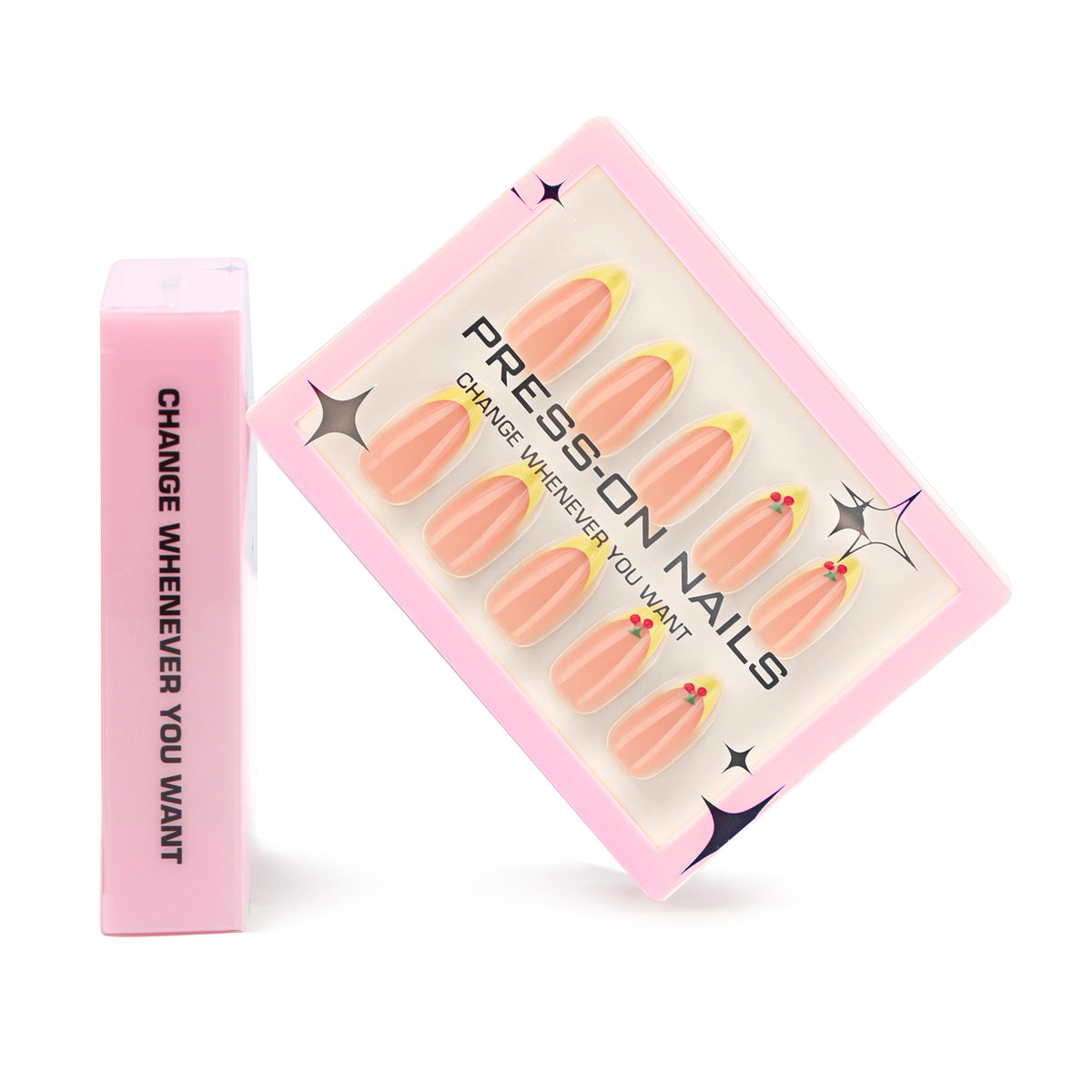 3D Cherry Yellow French Press-On Nails