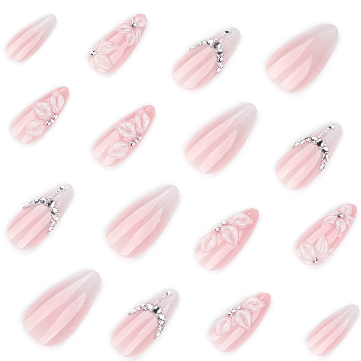 White Gradient French Nails with 3D Floral Design
