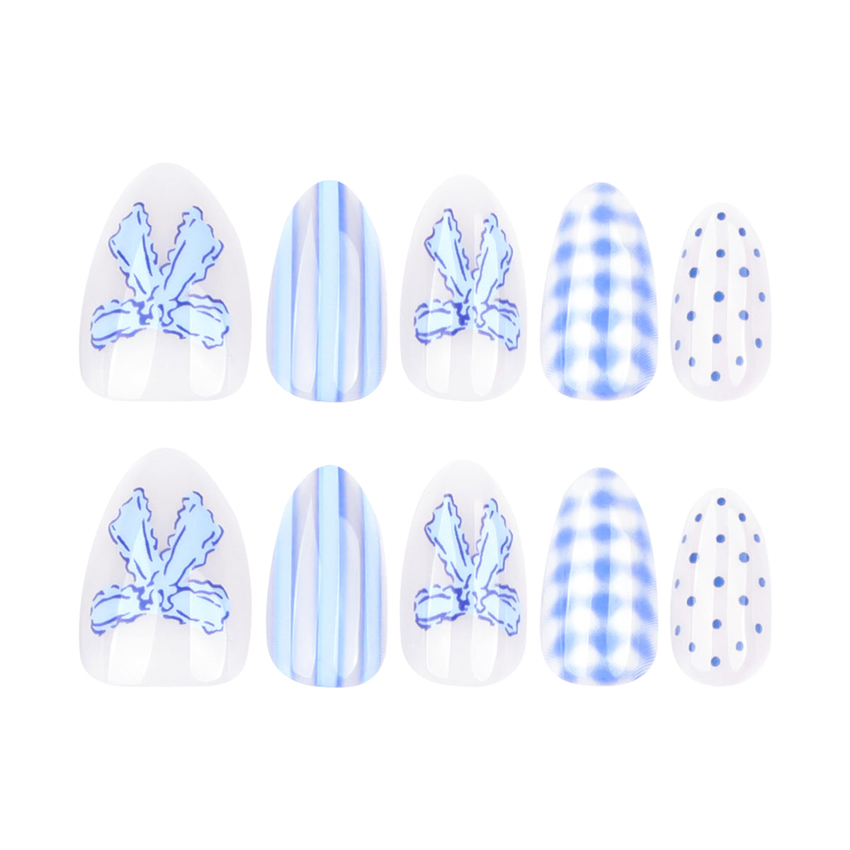 Handmade Blue Checkerboard Press-on Nails with 3D Bows