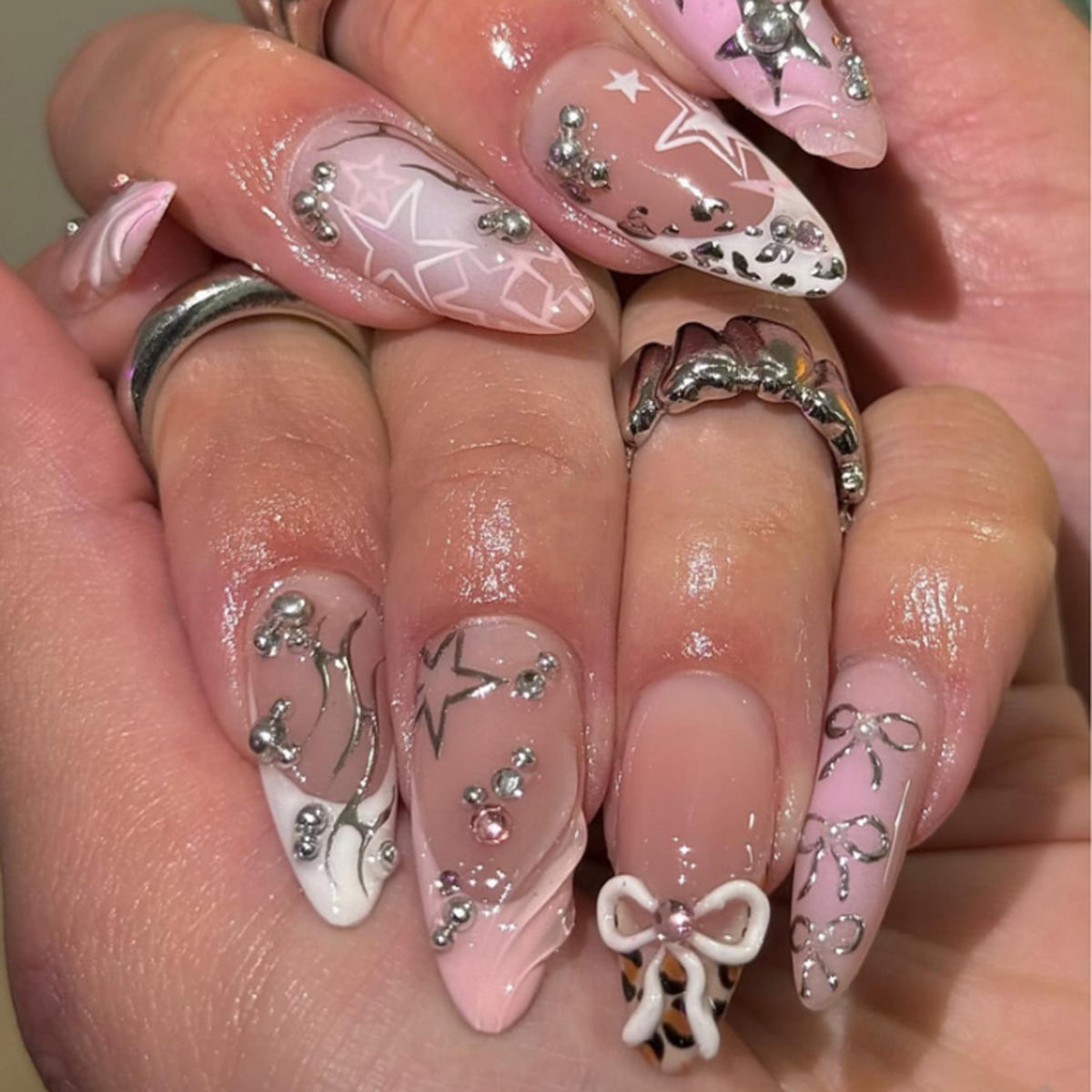 French Pink Edgy 3D Bow Nails