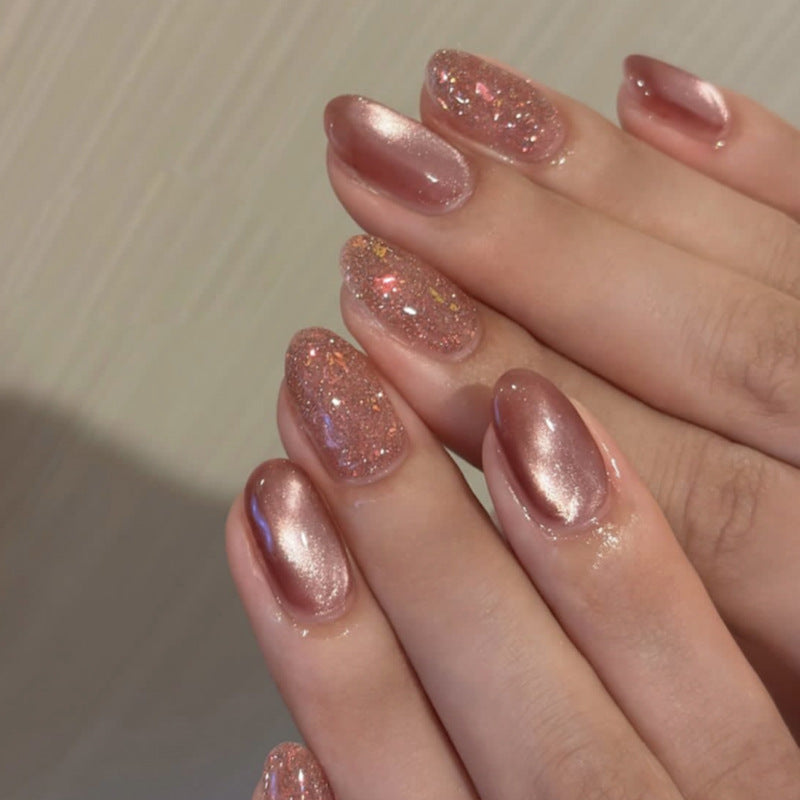 Nude Pink Sparkle Cat Eye Nails