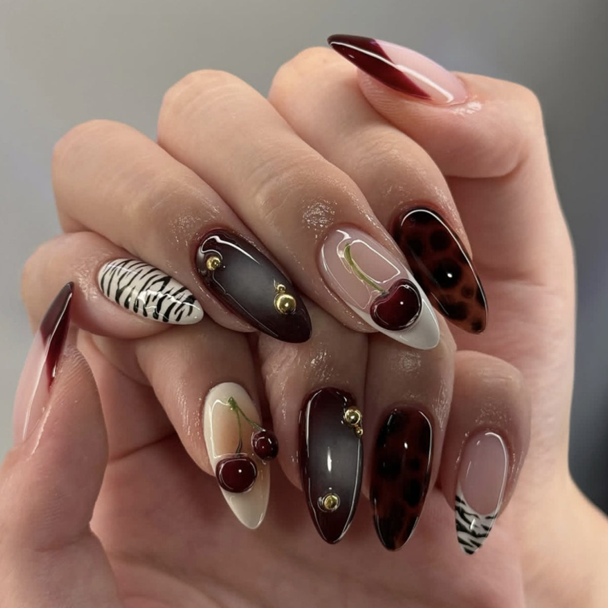 Black & White Zebra Print 3D Cherry Nails