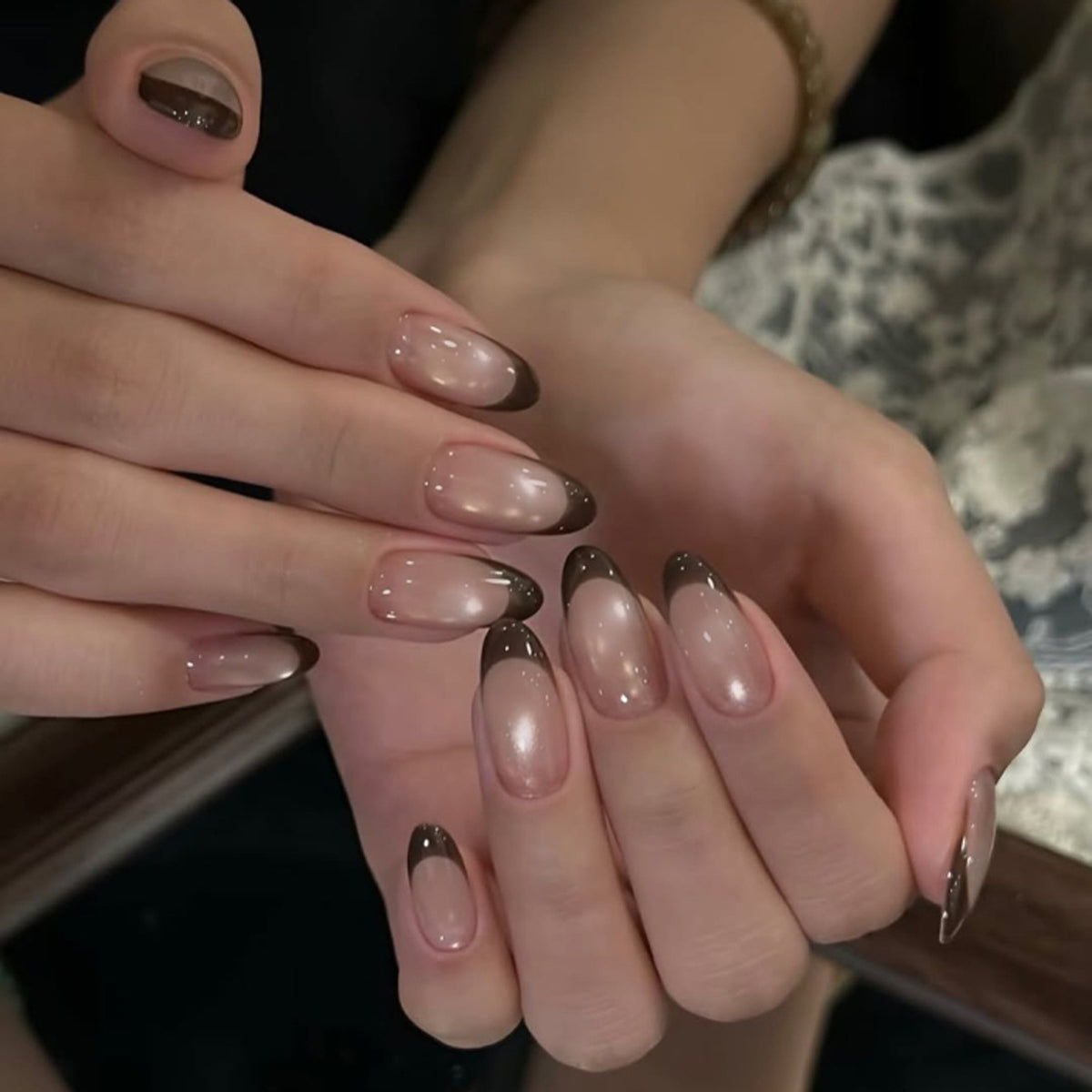 Warm Brown French Cat Eye Nails