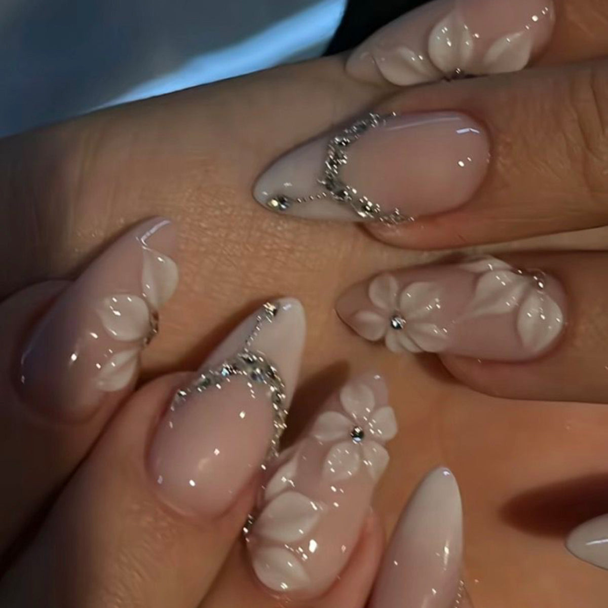 White Gradient French Nails with 3D Floral Design