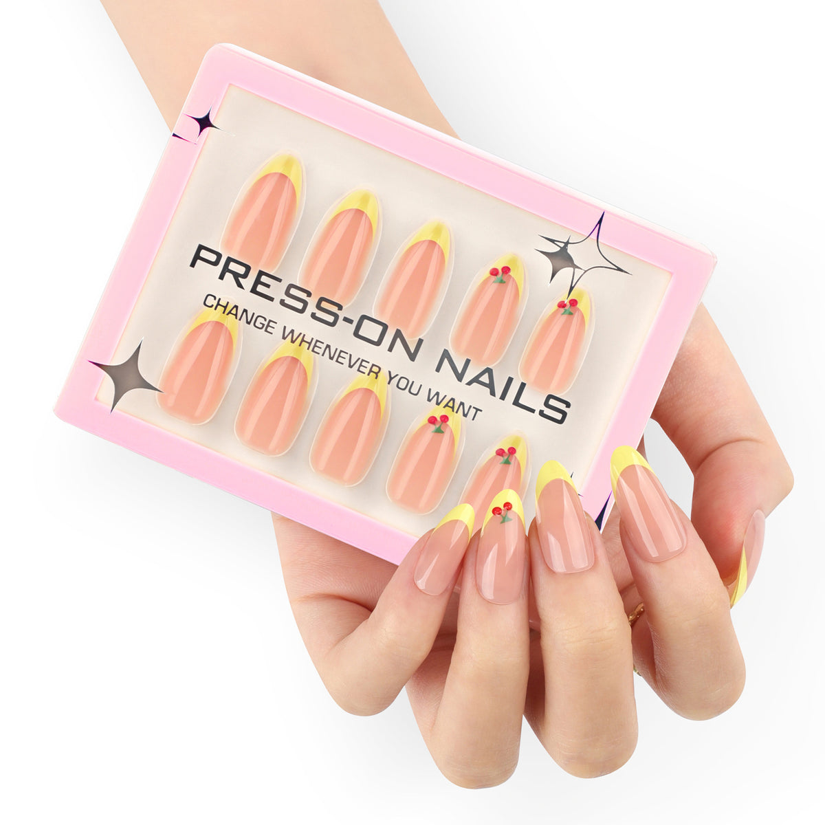 3D Cherry Yellow French Press-On Nails