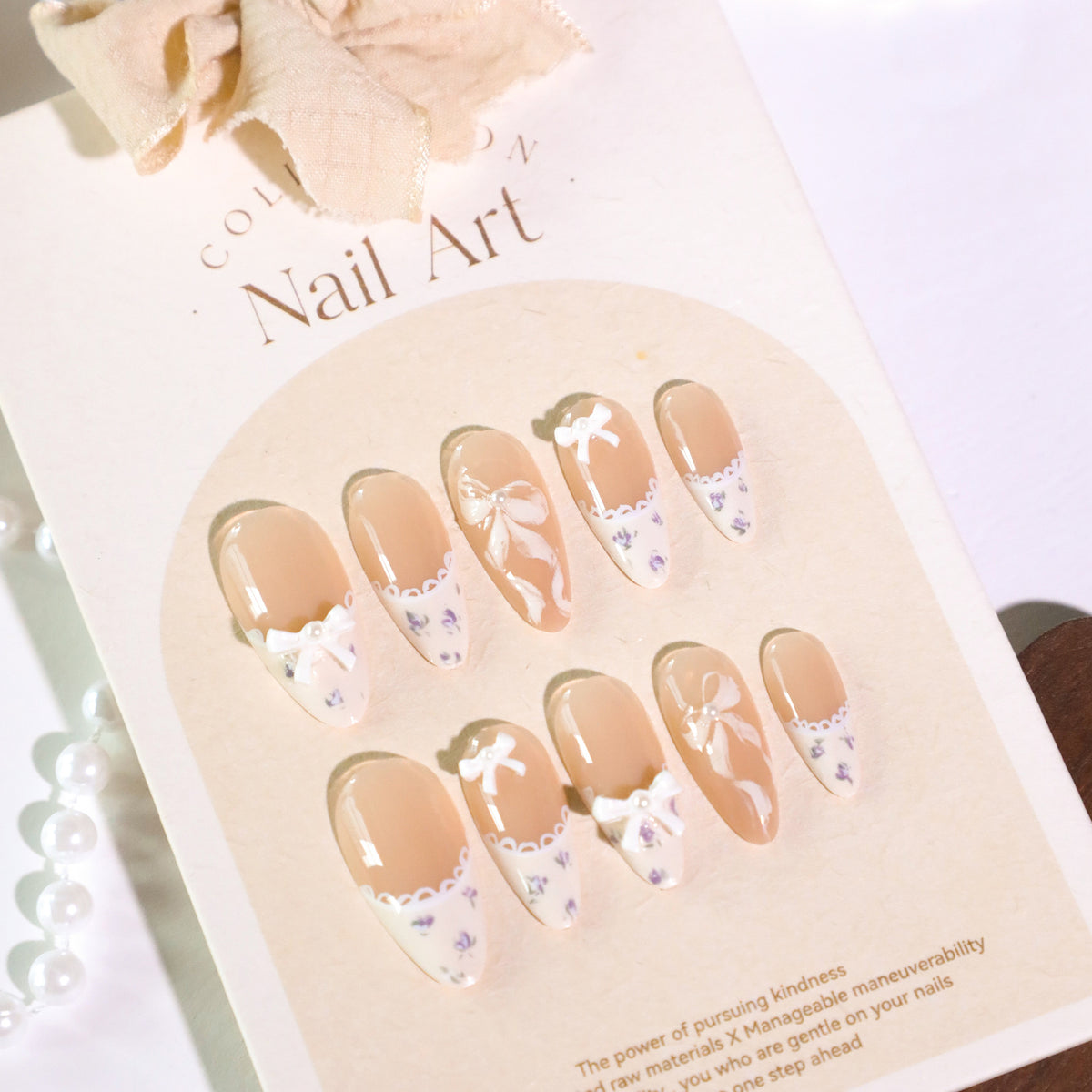 Handmade French Tip Press-on Nails with 3D Ribbon Bows