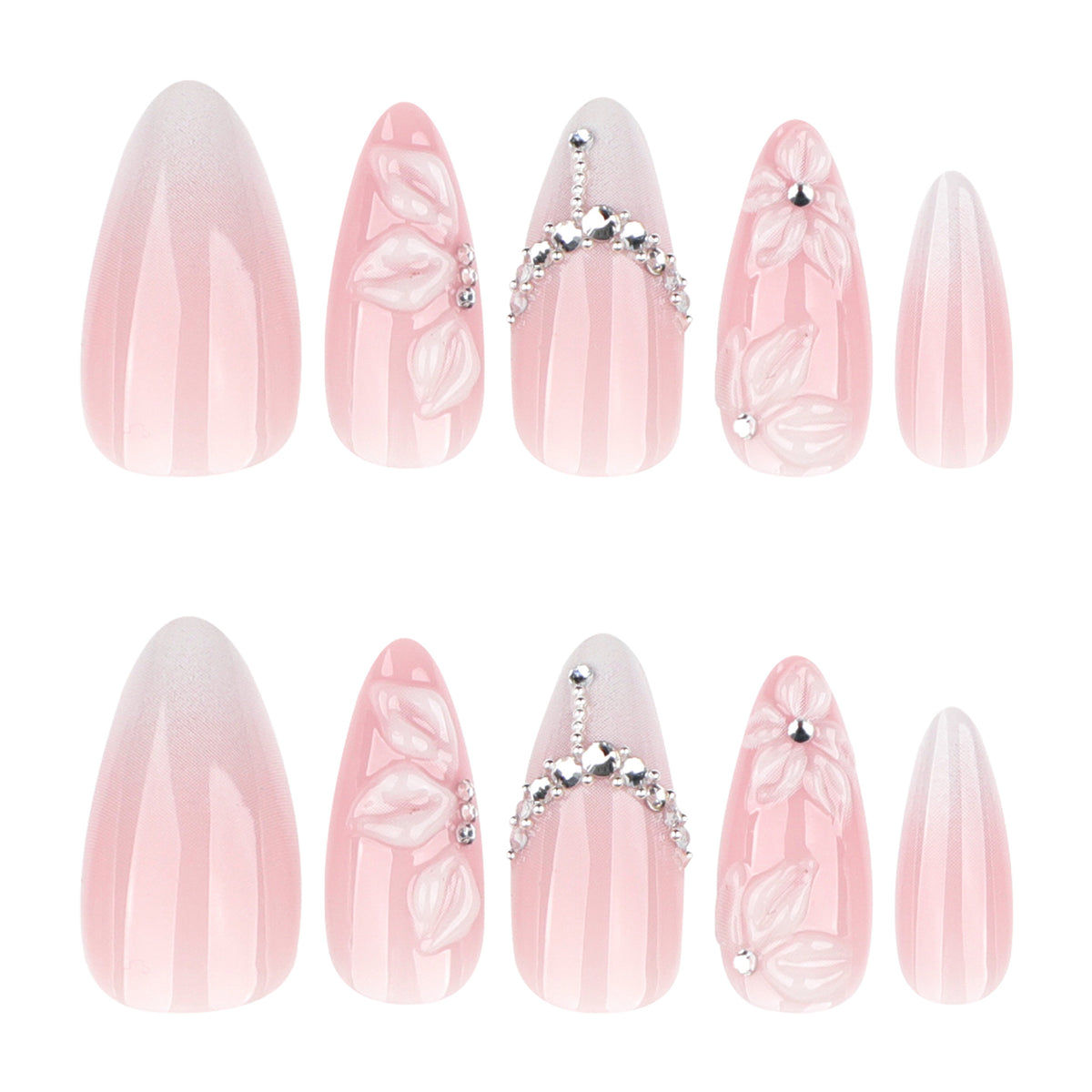 White Gradient French Nails with 3D Floral Design