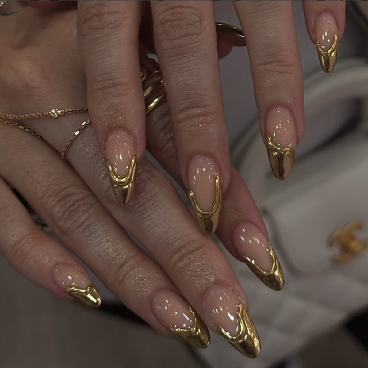 3D French Gold Tip Nails