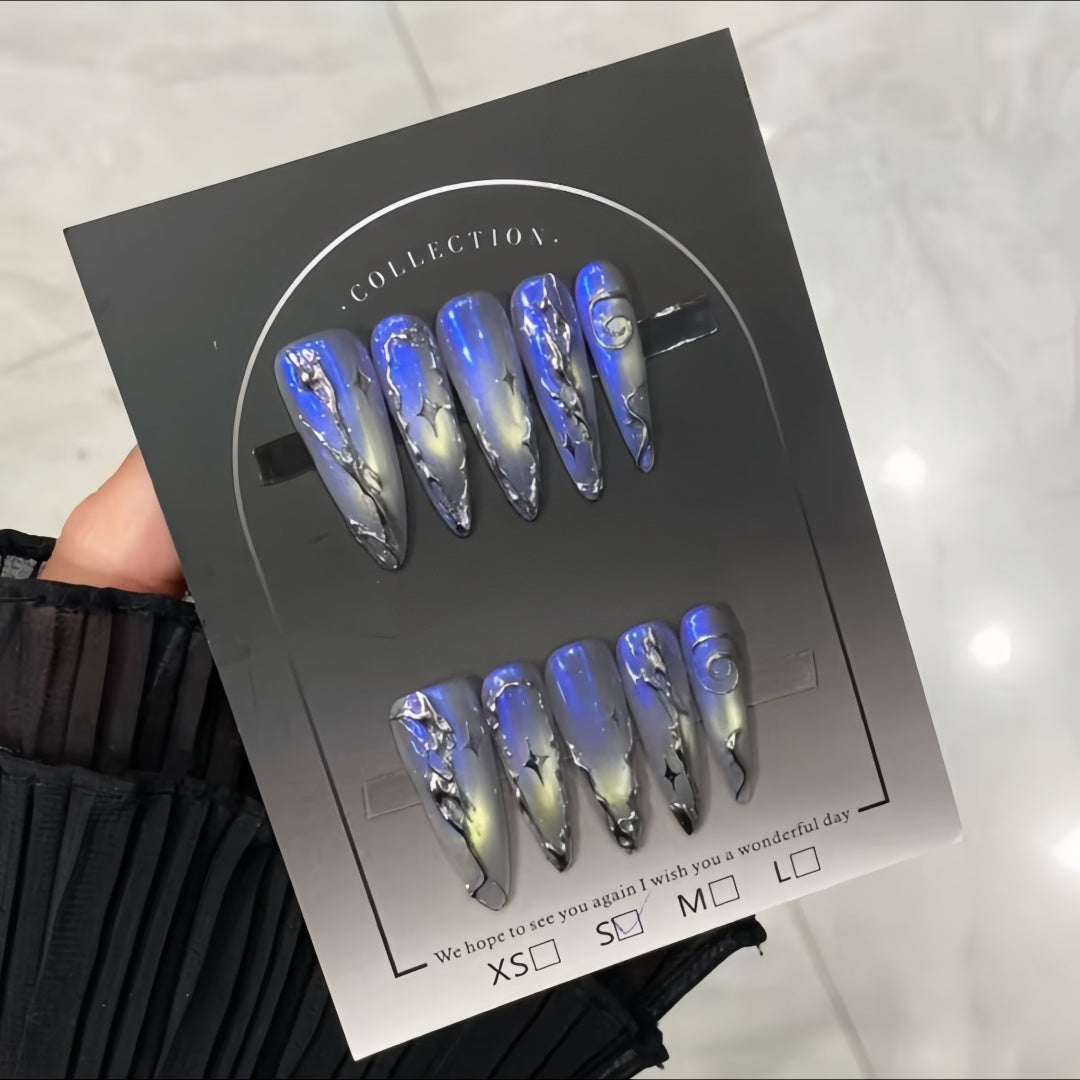 Handmade Midnight Blue Aurora Chrome Stiletto Press-On Nails