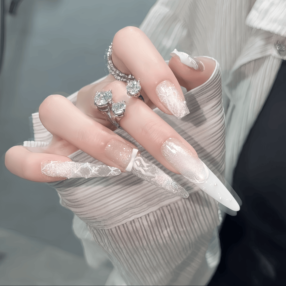 Handmade Silver Ballet Bow 3D Glitter French Press-On Nails