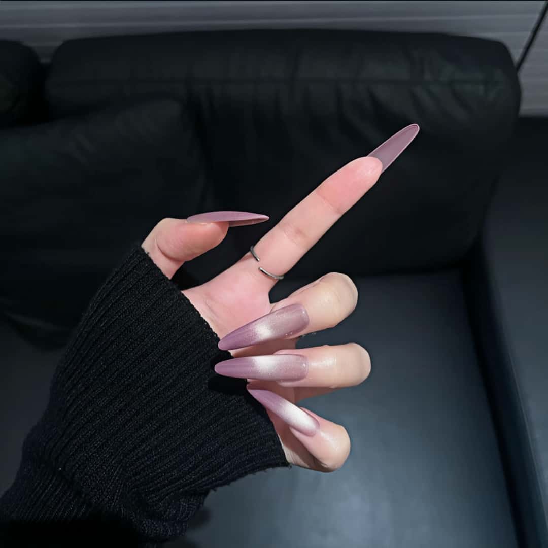 Handmade Mauve Mist Silver Cat-Eye Gradient Almond Press-On Nails