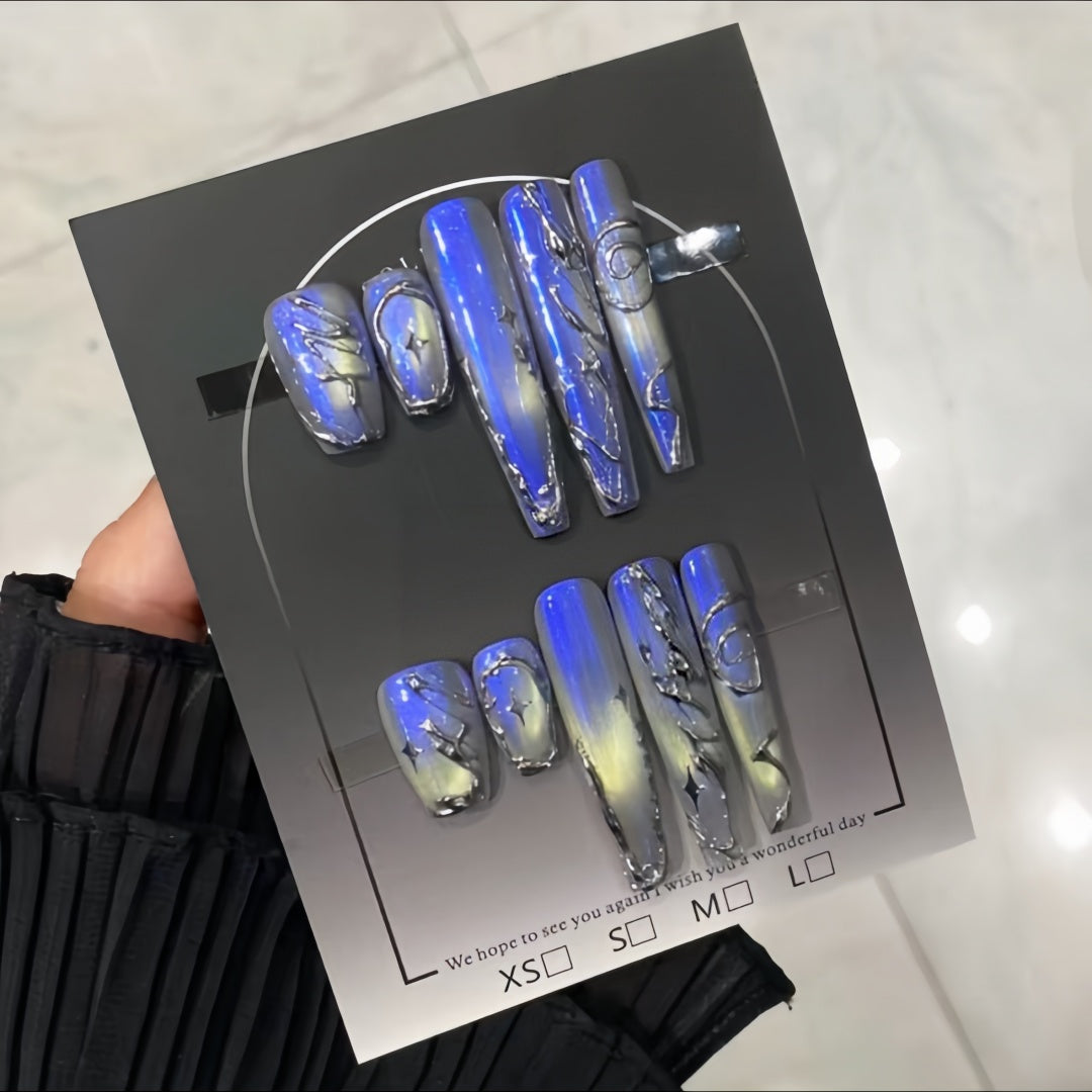 Handmade Midnight Blue Aurora Chrome Stiletto Press-On Nails