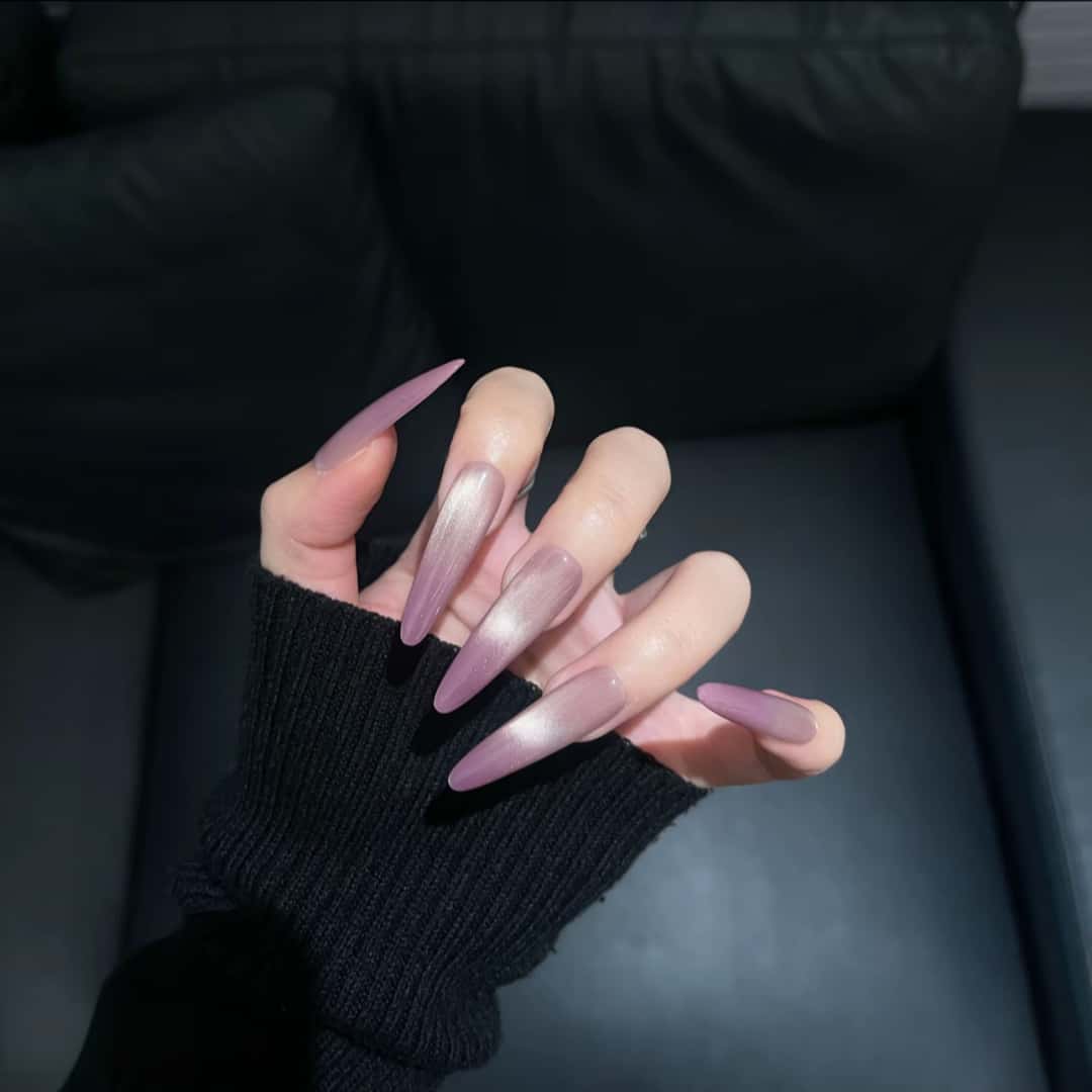 Handmade Mauve Mist Silver Cat-Eye Gradient Almond Press-On Nails