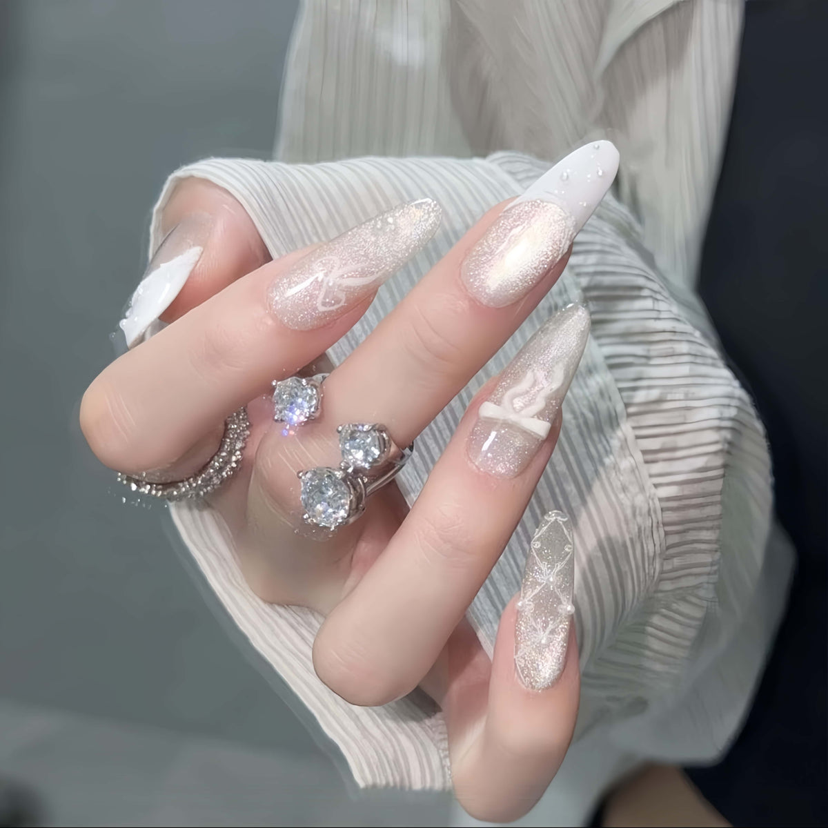 Handmade Silver Ballet Bow 3D Glitter French Press-On Nails