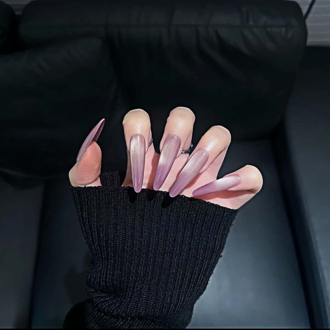 Handmade Mauve Mist Silver Cat-Eye Gradient Almond Press-On Nails