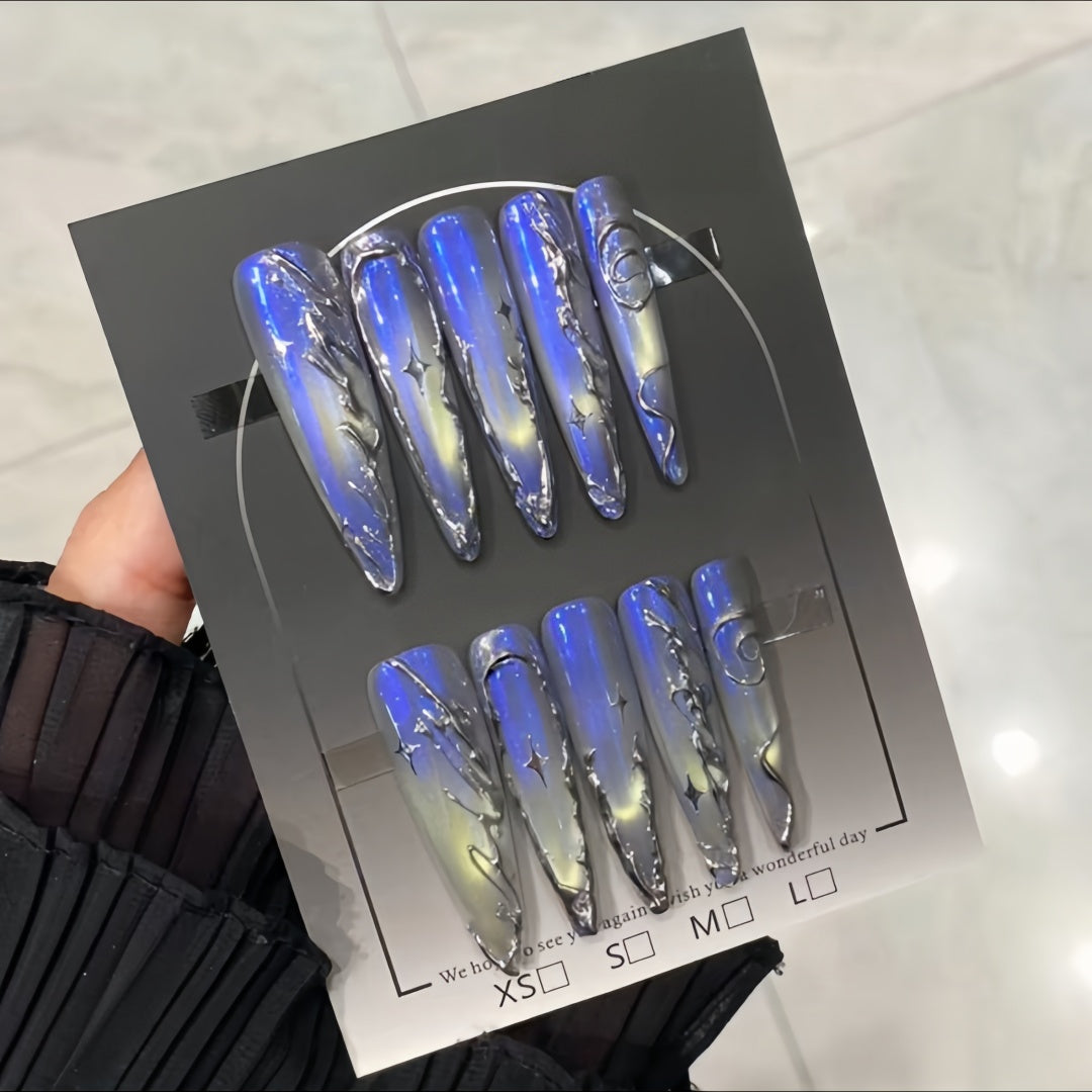 Handmade Midnight Blue Aurora Chrome Stiletto Press-On Nails