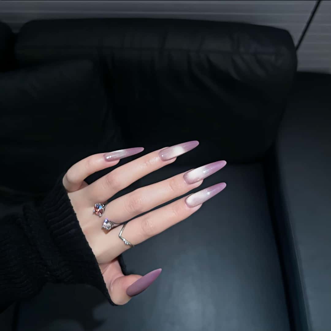 Handmade Mauve Mist Silver Cat-Eye Gradient Almond Press-On Nails